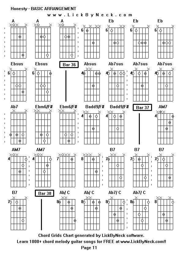 Chord Grids Chart of chord melody fingerstyle guitar song-Honesty - BASIC ARRANGEMENT,generated by LickByNeck software.